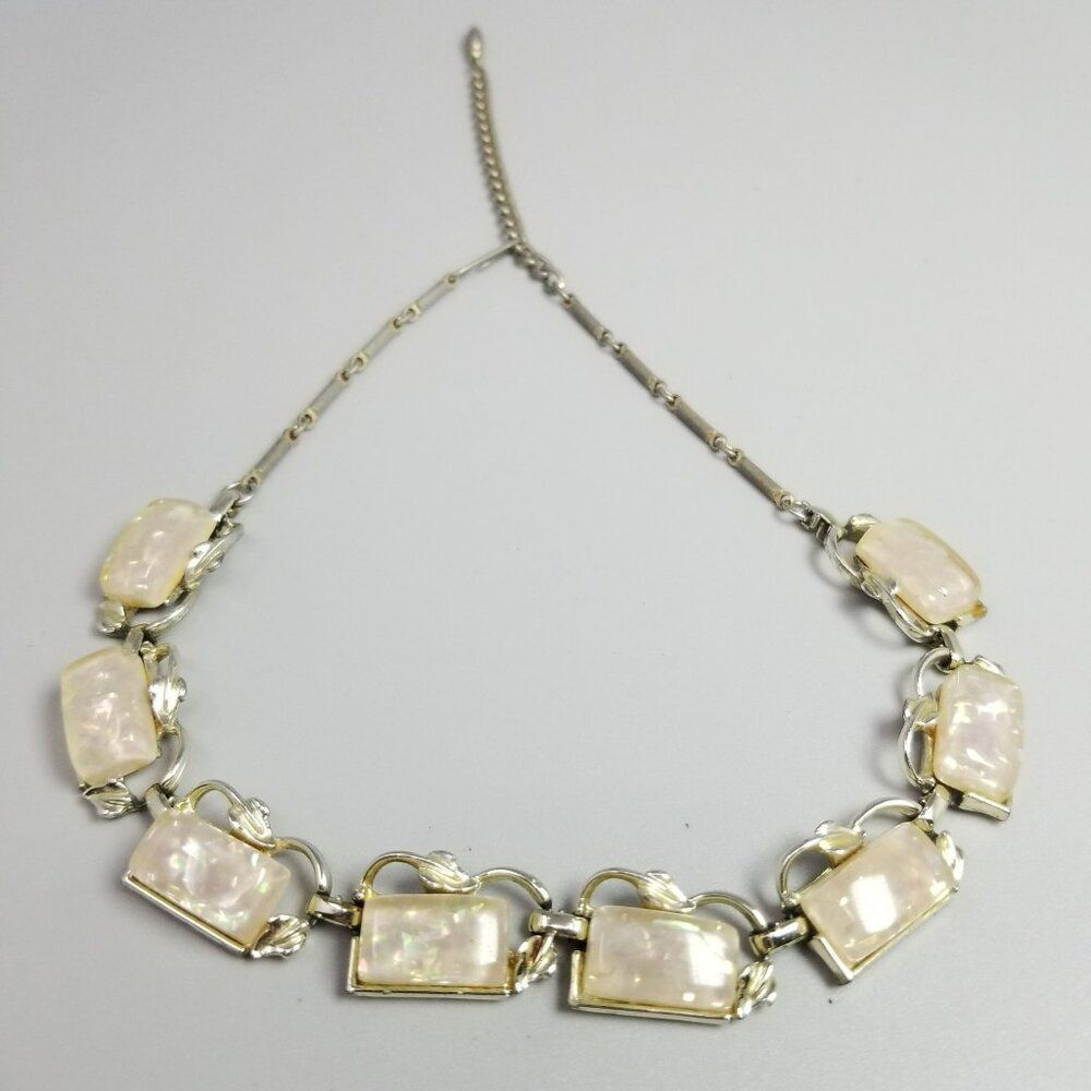 Vintage Cream Lucite Rectangle Cabochon Panel Collar Necklace, Silver Tone Chain